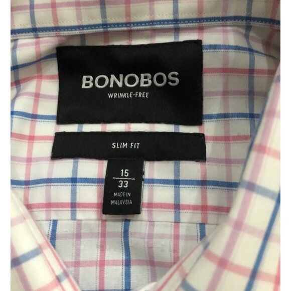 Bonobos Slim Fit Button Down Shirt Mens Size 15 White Pink Blue Checked 33 - Picture 3 of 5